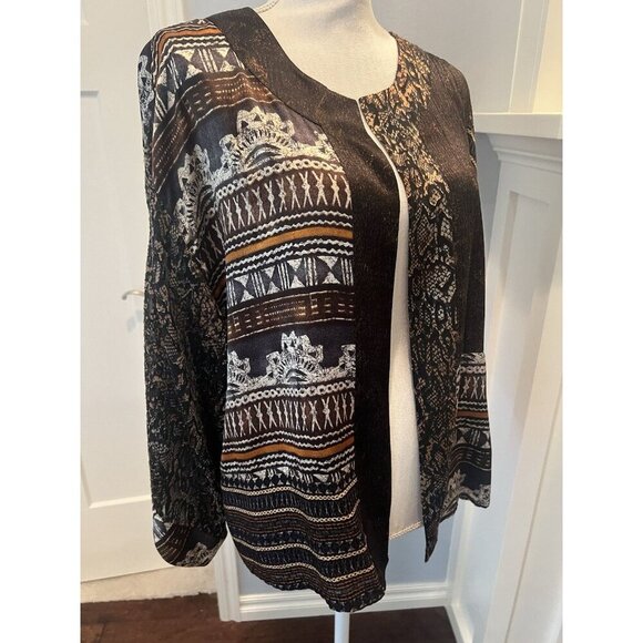 Chico's Size 2 Silk Blend Cardigan Southwest Aztec Print Open Front Kimono - Picture 2 of 11